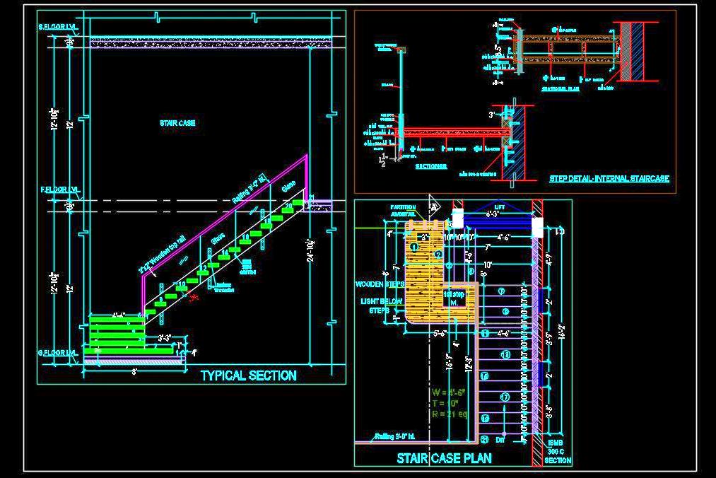 Stylish Wooden Floating Staircase with Glass Railing CAD Details